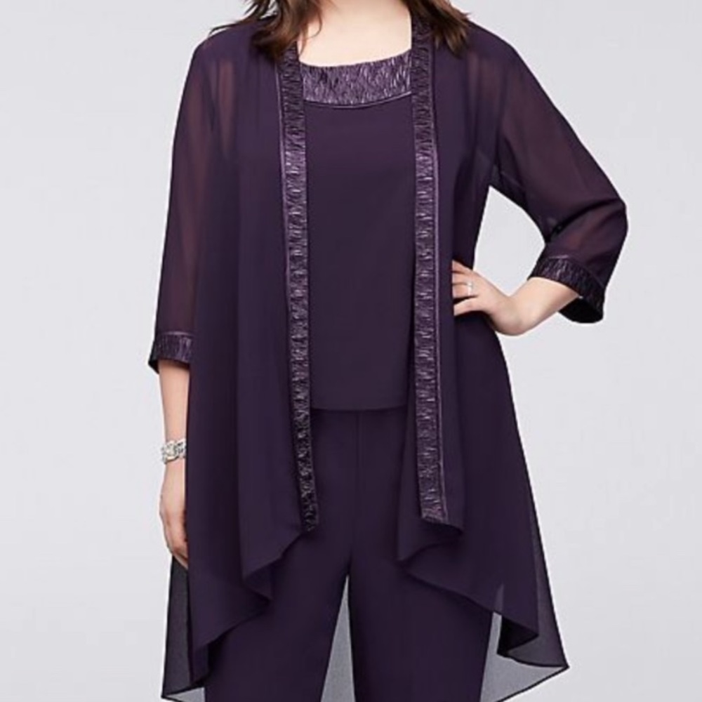 NWT Le Bos Round Neck 3/4 Sleeve Chiffon Purple 3-Piece Pant Set MOB/MOG
